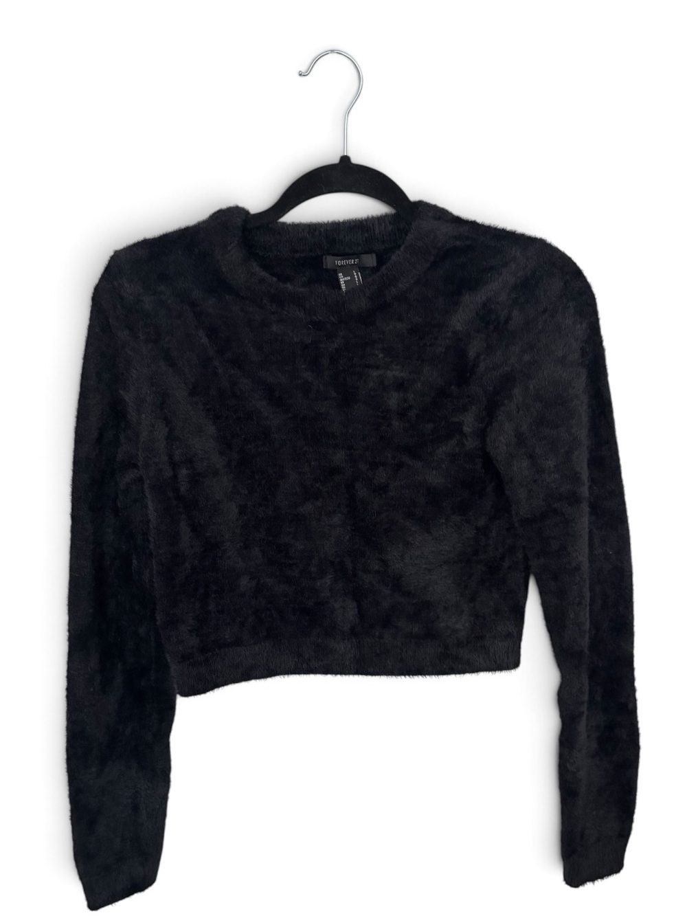 Forever 21 Fuzzy Cropped Sweater Women’s L Black Long Sleeve